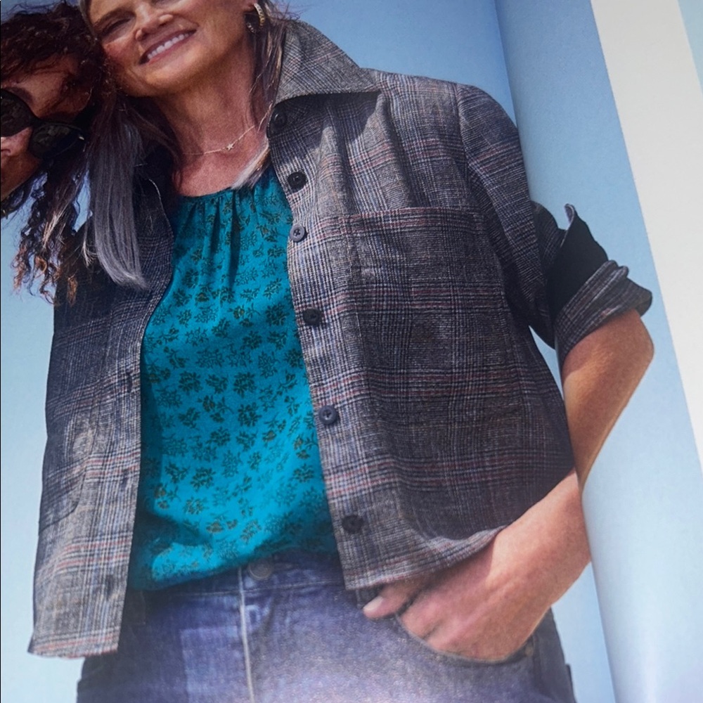 Plaid Jacket with Teal Floral Blouse
